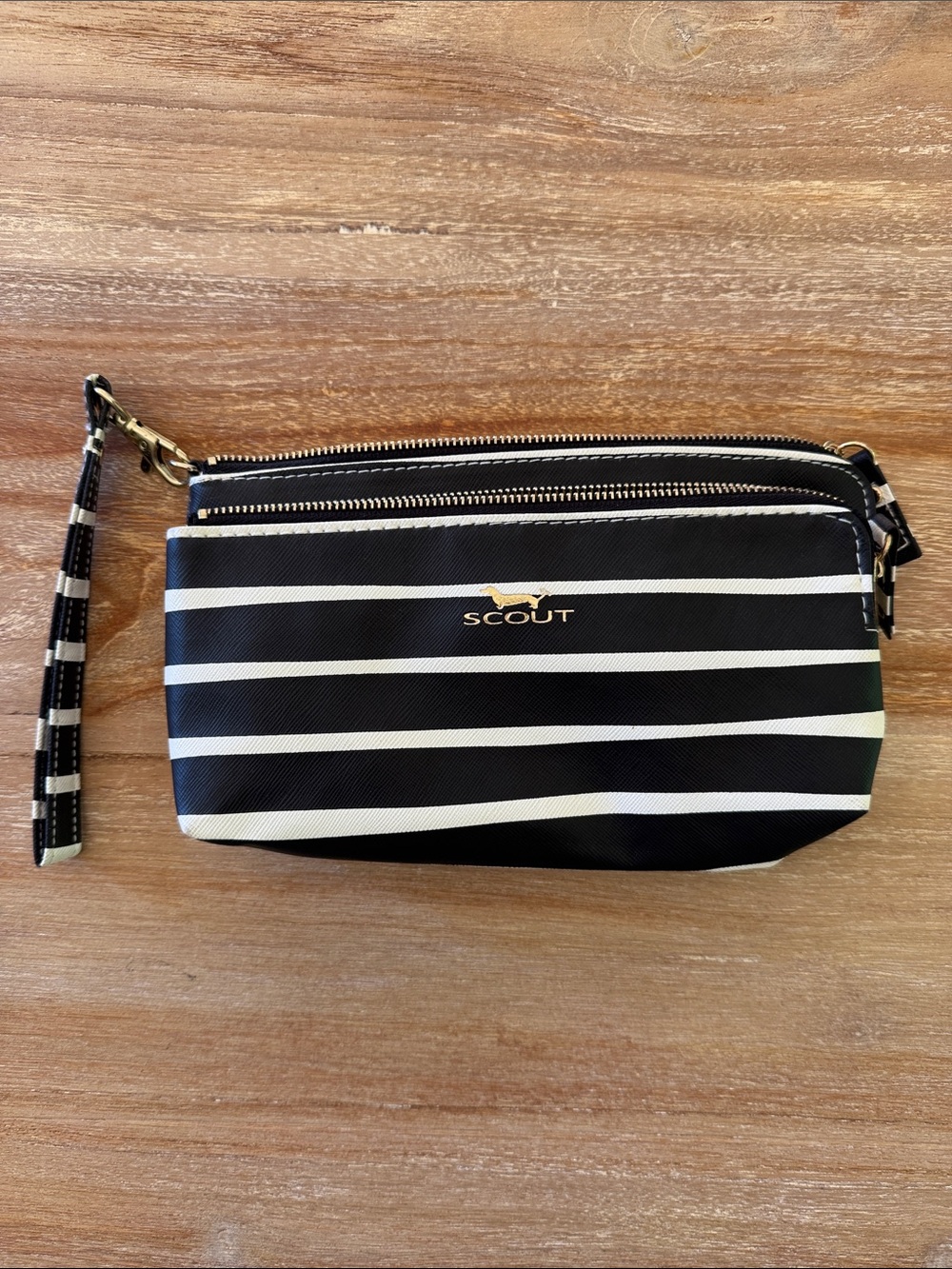 SCOUT Black and White Striped Wristlet with Gold Logo